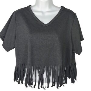 Charcoal  Fringe Hem V-Neck Crop Top T-Shirt M vtg y2k goth‎ romance grunge